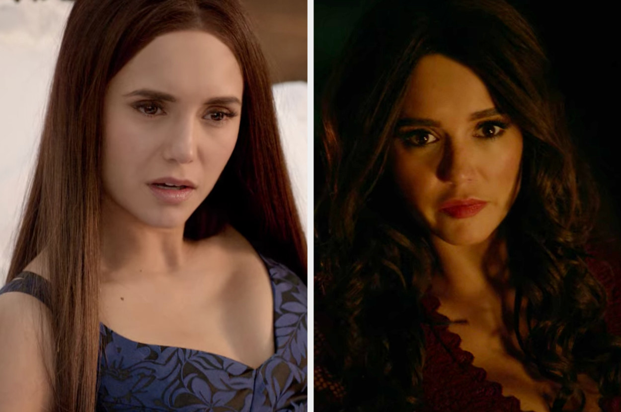 Nina Dobrev wearing obvious wigs as Elena and Katherine