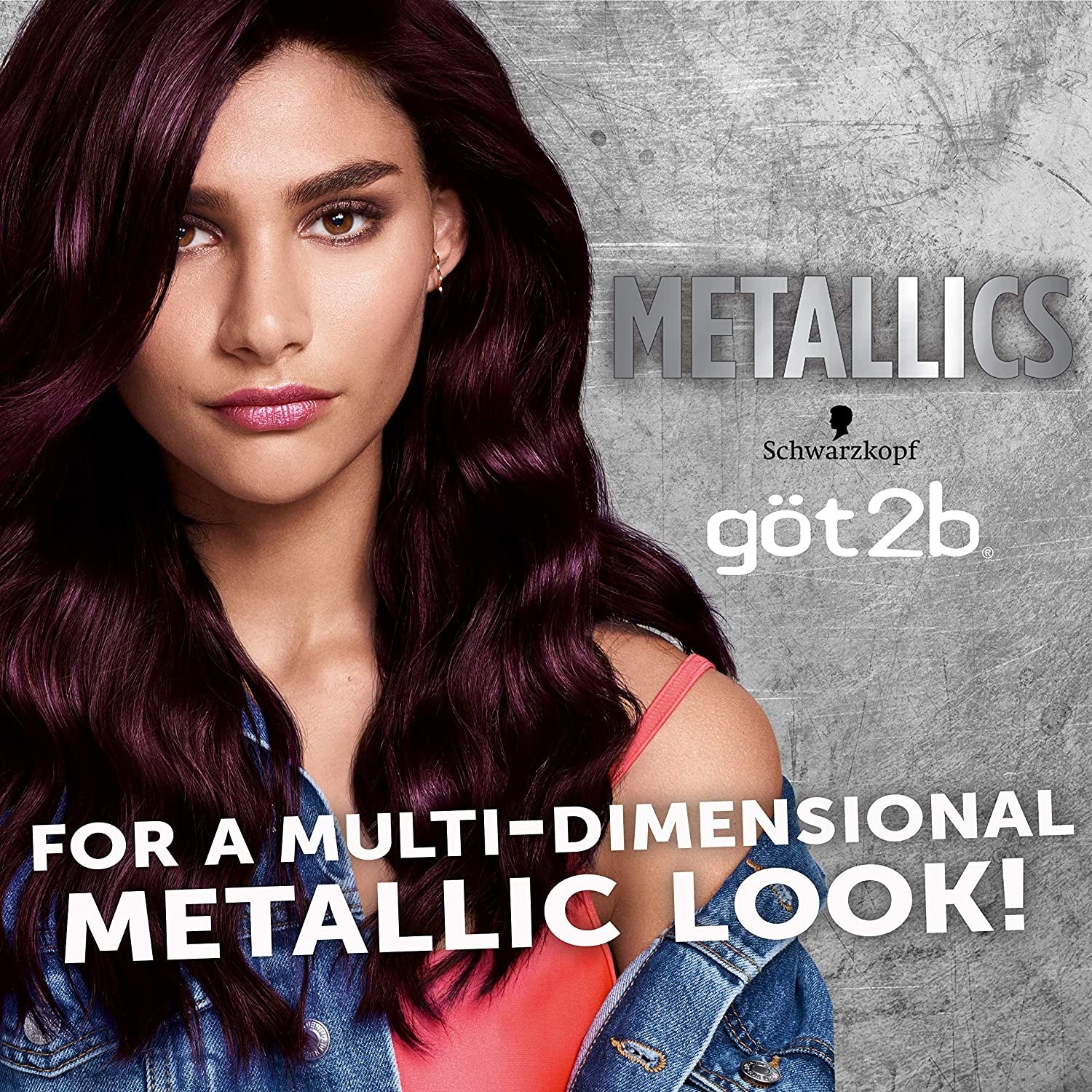 A model with metallic smoky violet hair and text that reads &quot;for a multi-dimensional metallic look!&quot;