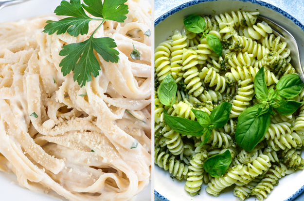 Fettuccine alfredo pasta and pesto fusilli pasta