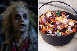 Beetlejuice on the left and a basket full of Halloween candy on the right