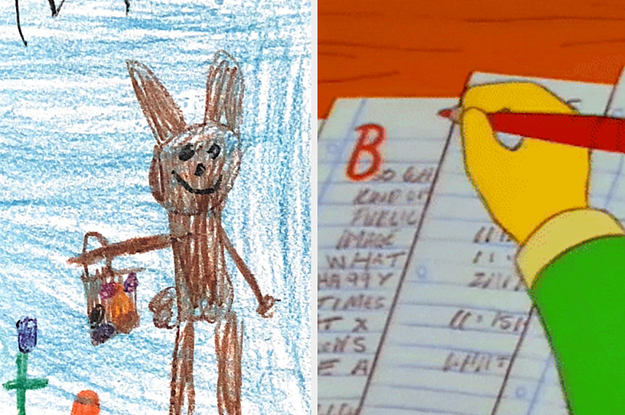 A poorly drawn Easter Bunny next to a cartoon hand grading a paper with a B