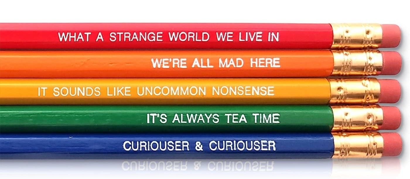 Five colorful pencils with foil print quotes from "Alice in Wonderland"