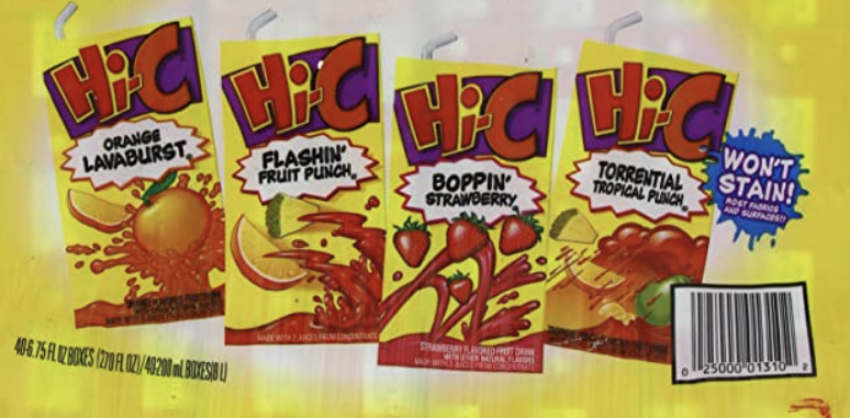 Four Hi-C juice boxes on a package