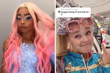 Skai Jackson with a wig and glittery dress, and JoJo Siwa next to a comment that says "Imagine being 17 and still act 5"