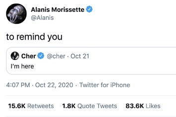 alanis morissette saying "to remind you" in reply to cher's "i'm here" tweet