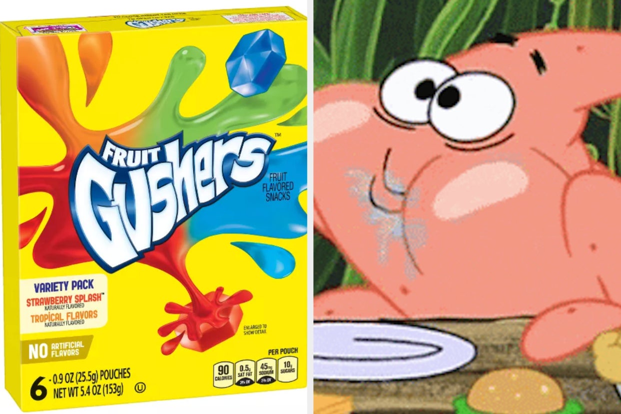 A hungry Patrick Starr eating and staring towards a box of Gushers
