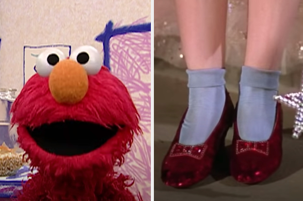 Side-by-side images of Elmo and Dorothy's ruby slippers