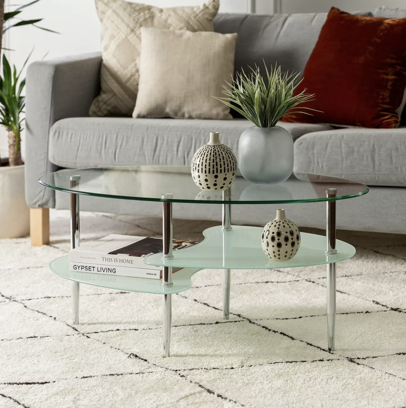 The coffee table in a living room space