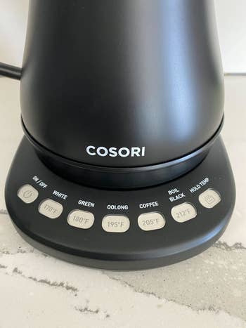 Same COSORI Electric Gooseneck Kettle but close up on buttons