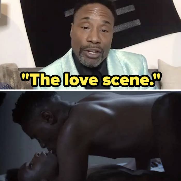 Billy Porter saying "The love scene" and Billy as Praytell during a love scene in "Pose"