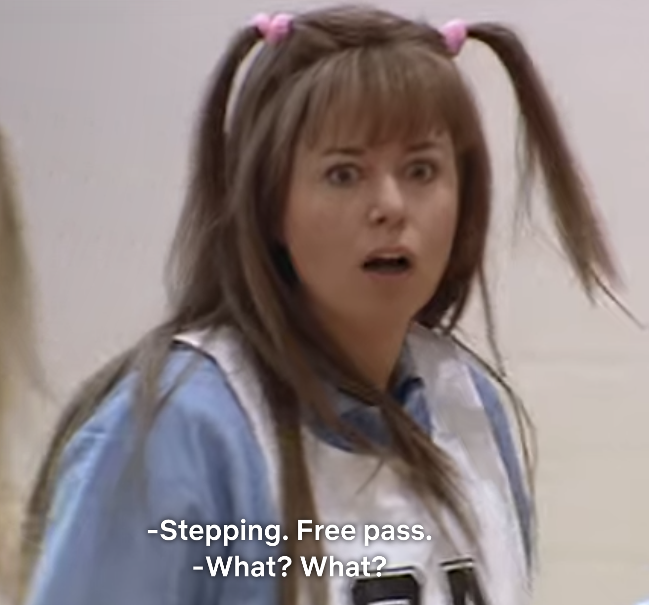 Kath from &quot;Kath and Kim&quot; looking shocked and confused after being called for stepping