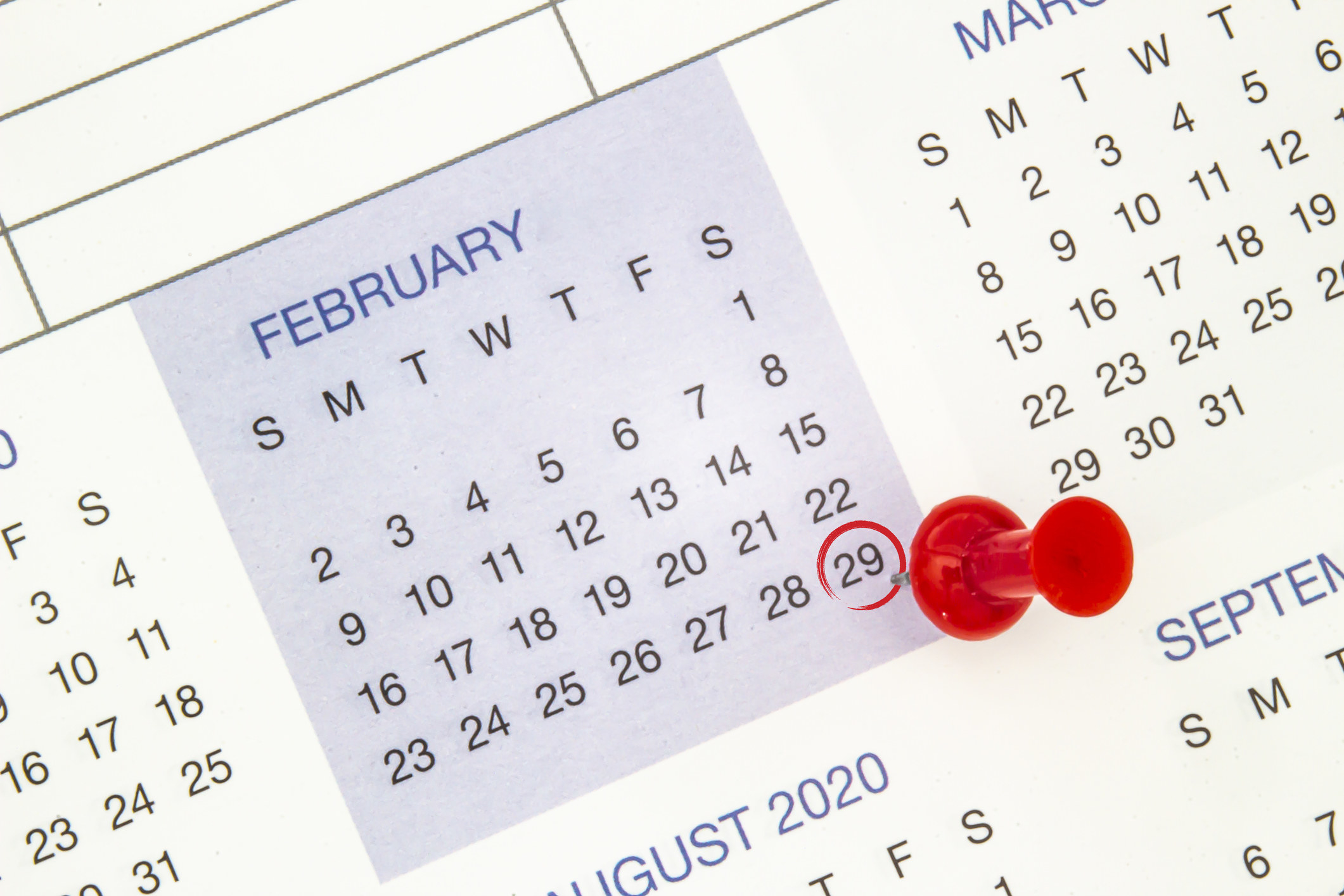 A calendar on February 29 on a leap year, leap day