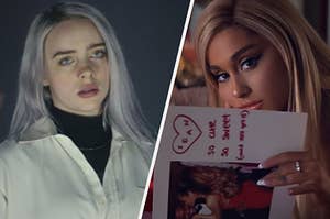 Billie Eilish is standing in a dark room on the left with Ariana Grande reading a book on the right