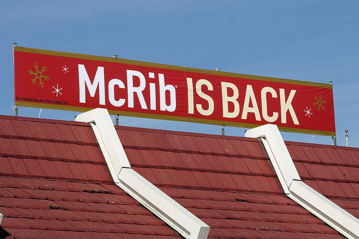 A McDonald&#x27;s has a sign that reads &quot;McRib is back&quot;