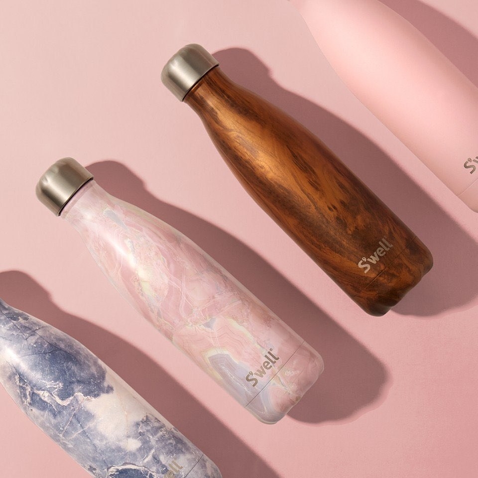 The water bottle, plus marbleized blue and pink ones