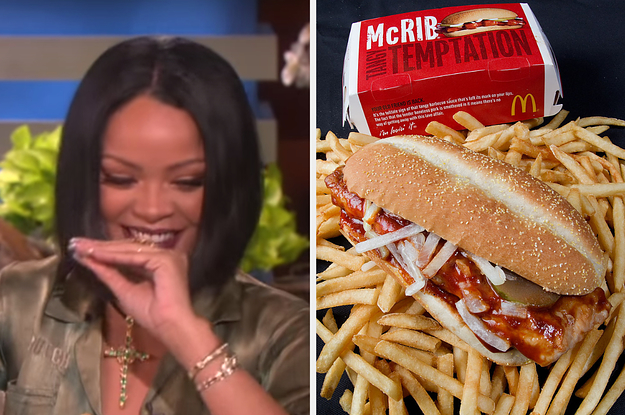 Rihanna laughing next to the McRib sandwich at McDonald's