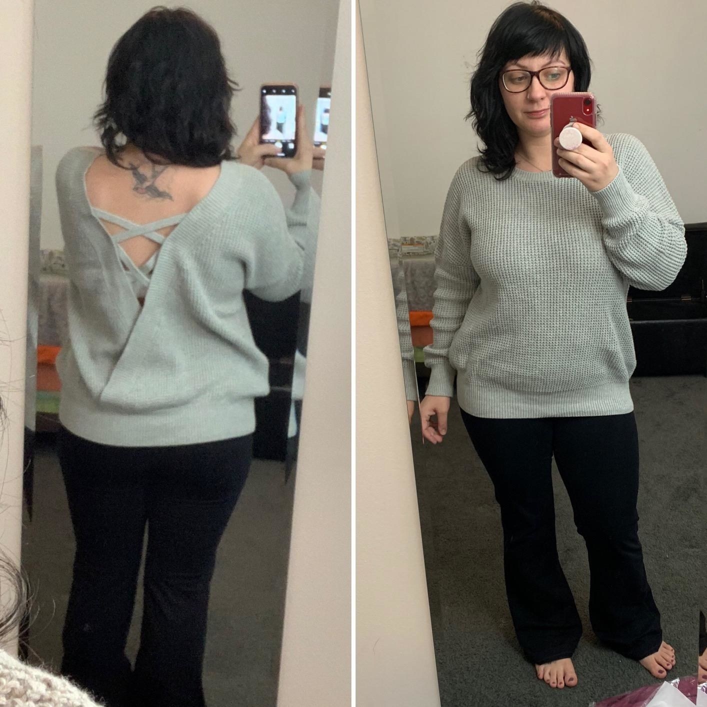 Reviewer in the light blue-criss cross back sweater from the front and back