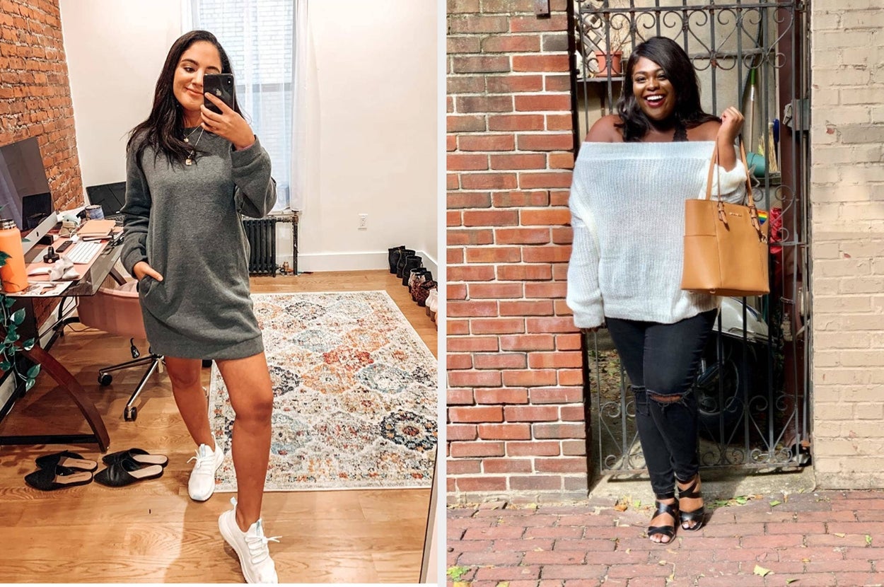Reviewer in a sweatshirt dress / reviewer in an off the shoulder sweater