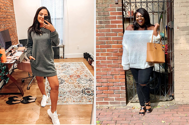 Reviewer in a sweatshirt dress / reviewer in an off the shoulder sweater