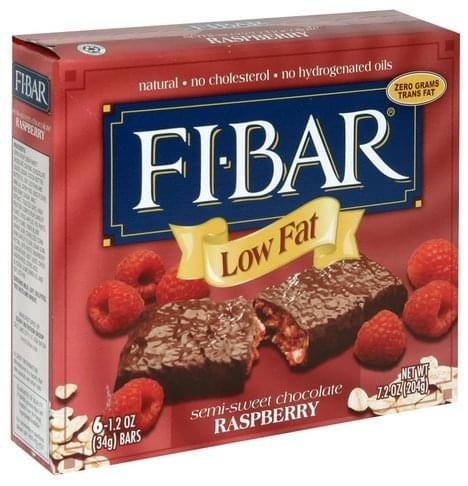 A box of snack bars called Fi-Bar, which have a raspberry filling and semi-sweet chocolate outer coating.