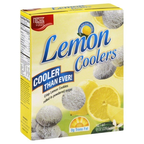 A yellow box of small round cookies heavily dusted in powdered sugar. The box says &quot;Lemon Coolers&quot; in blue italic font.