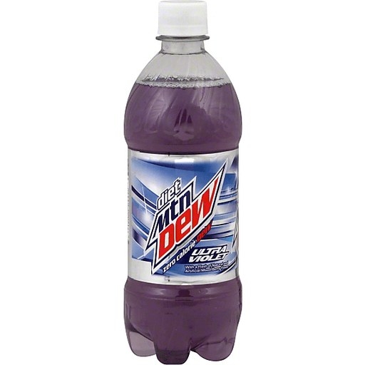 A plastic bottle of a single serving of Diet Mountain Dew Ultra Violet, stylized as &quot;diet Mtn Dew ULTRA VIOLET.&quot; The label us icy blue and white, and the soda is lavender in color.