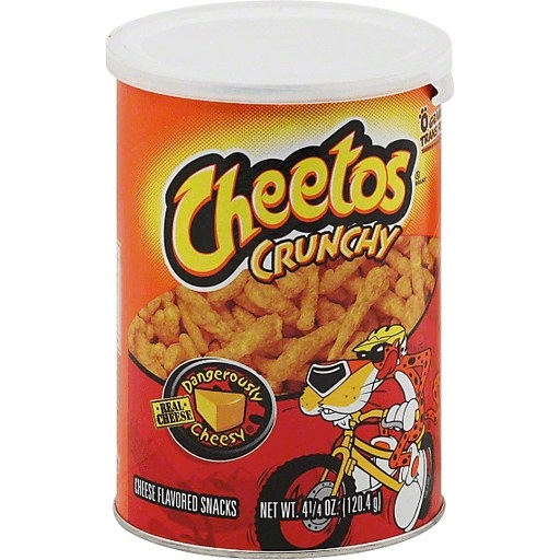 A cylindrical can of crunchy style Cheetos with a flexible plastic lid and freshness seal, similar to a Pringles can but shorter and wider.