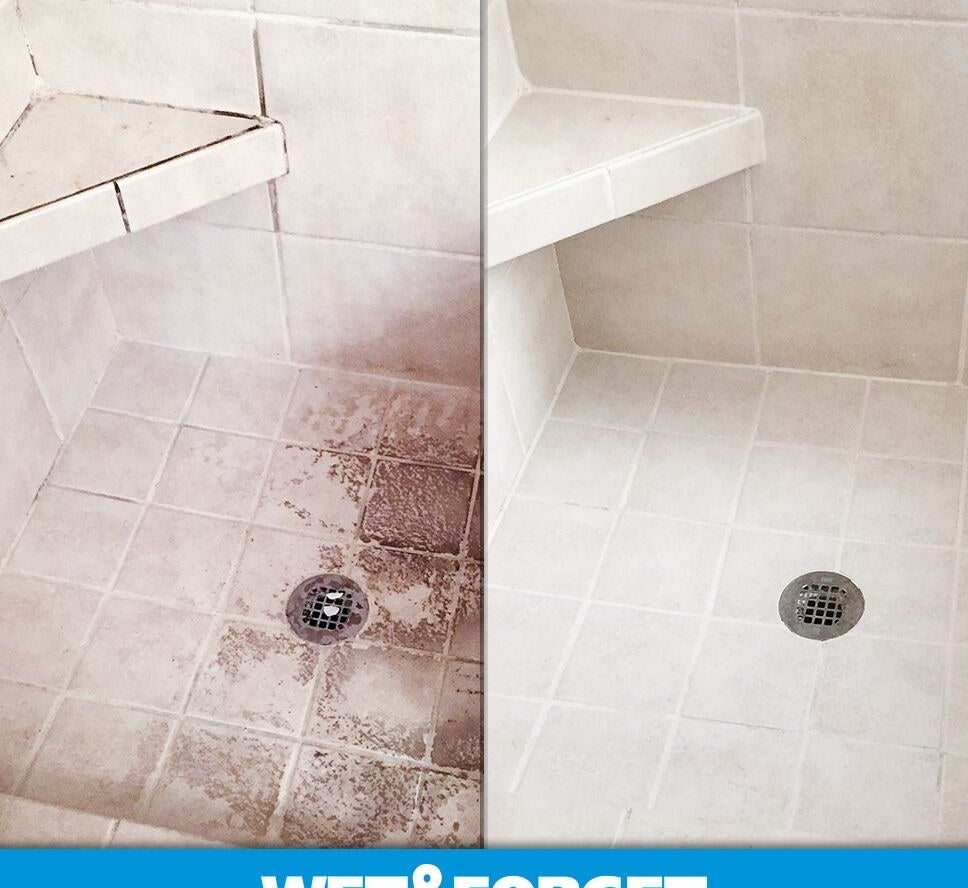 On the left, a tile shower covered in mold; on the right, the same shower, now free of mold due to the cleaner