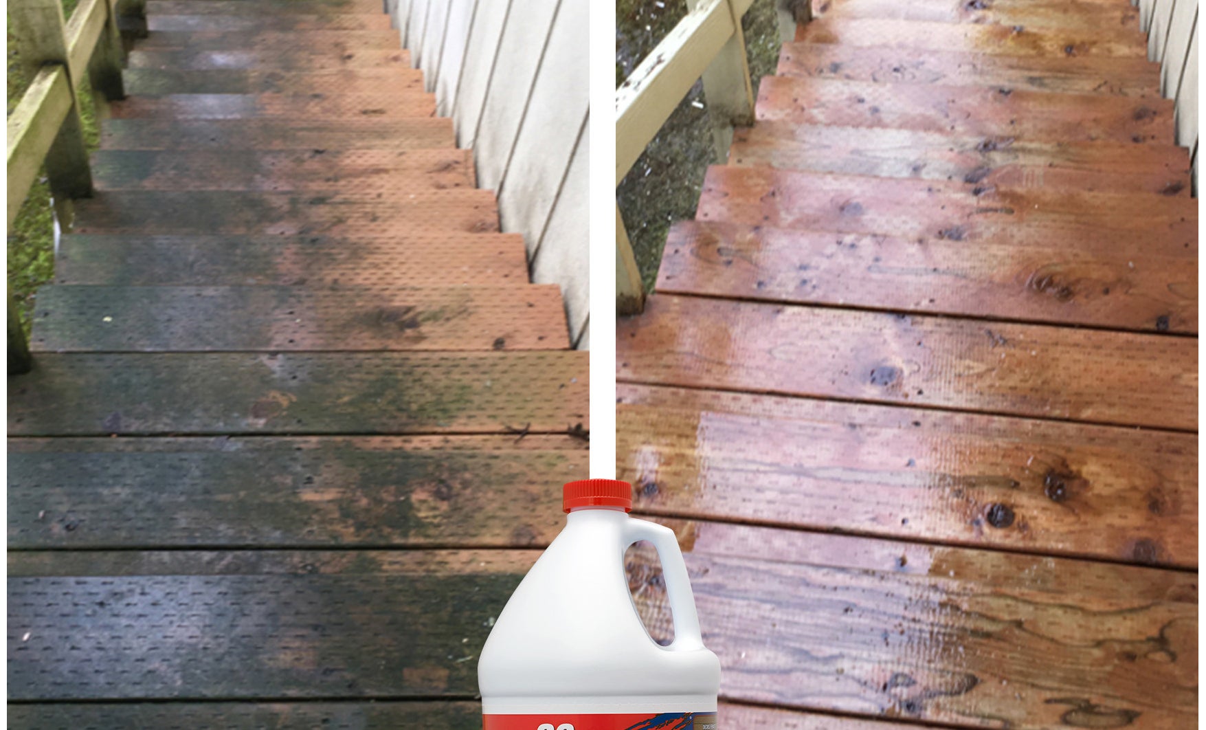 A before and after image: the before, with mold on wooden stairs; the after, with the mold cleaned off the stairs