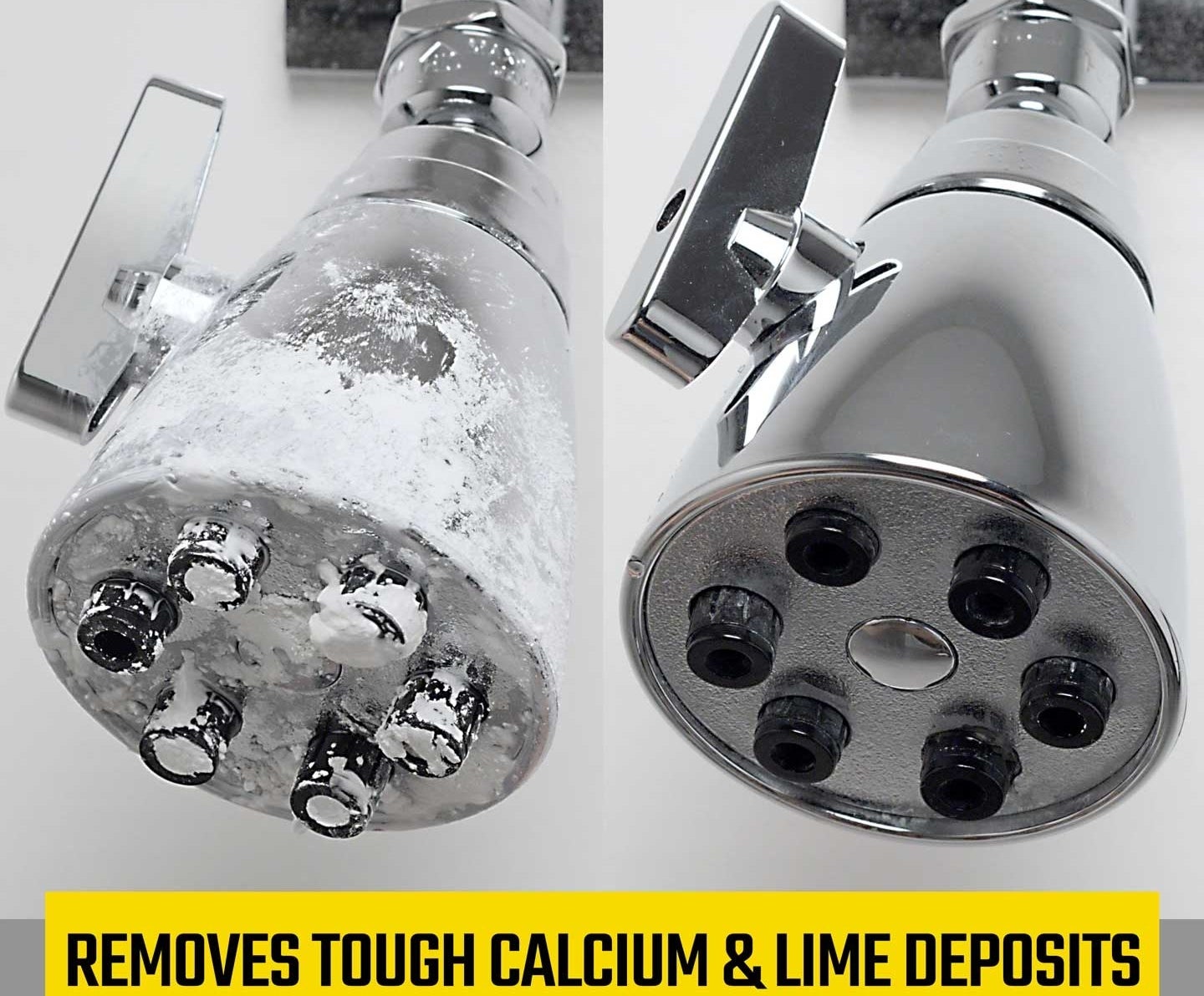 A before and after photo: before, a shower head covered in calcium deposits; after, the same shower head, clean of calcium deposits