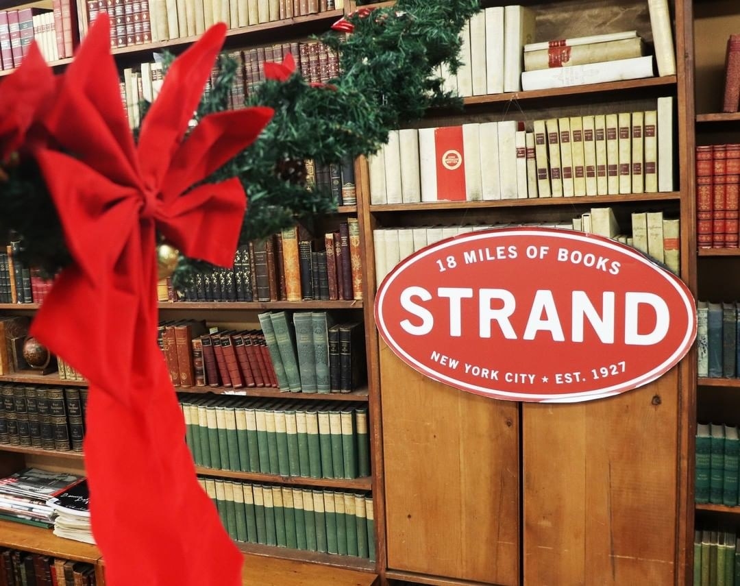 inside the strand book store at christmas