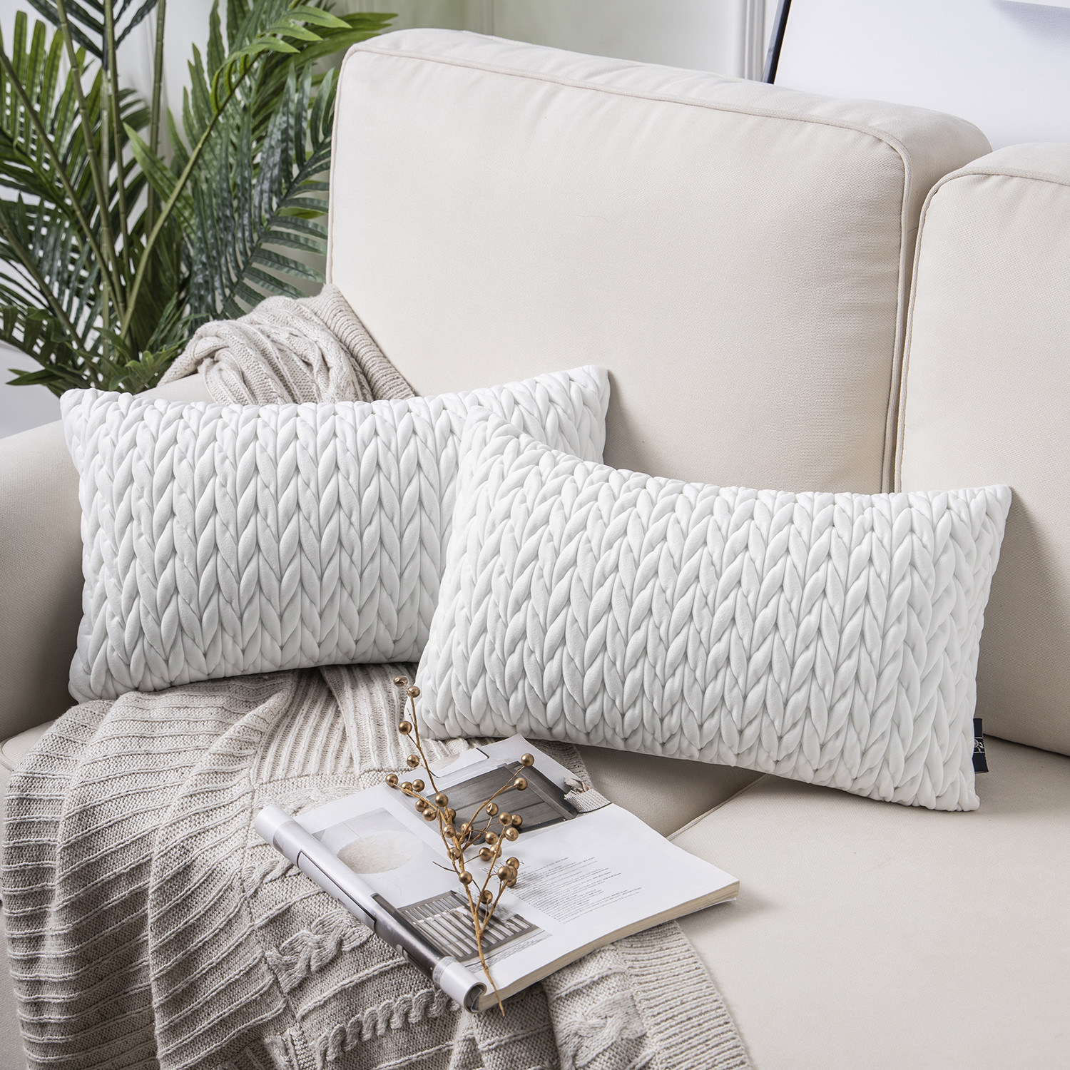 Set of quilted velvet throw pillows in white