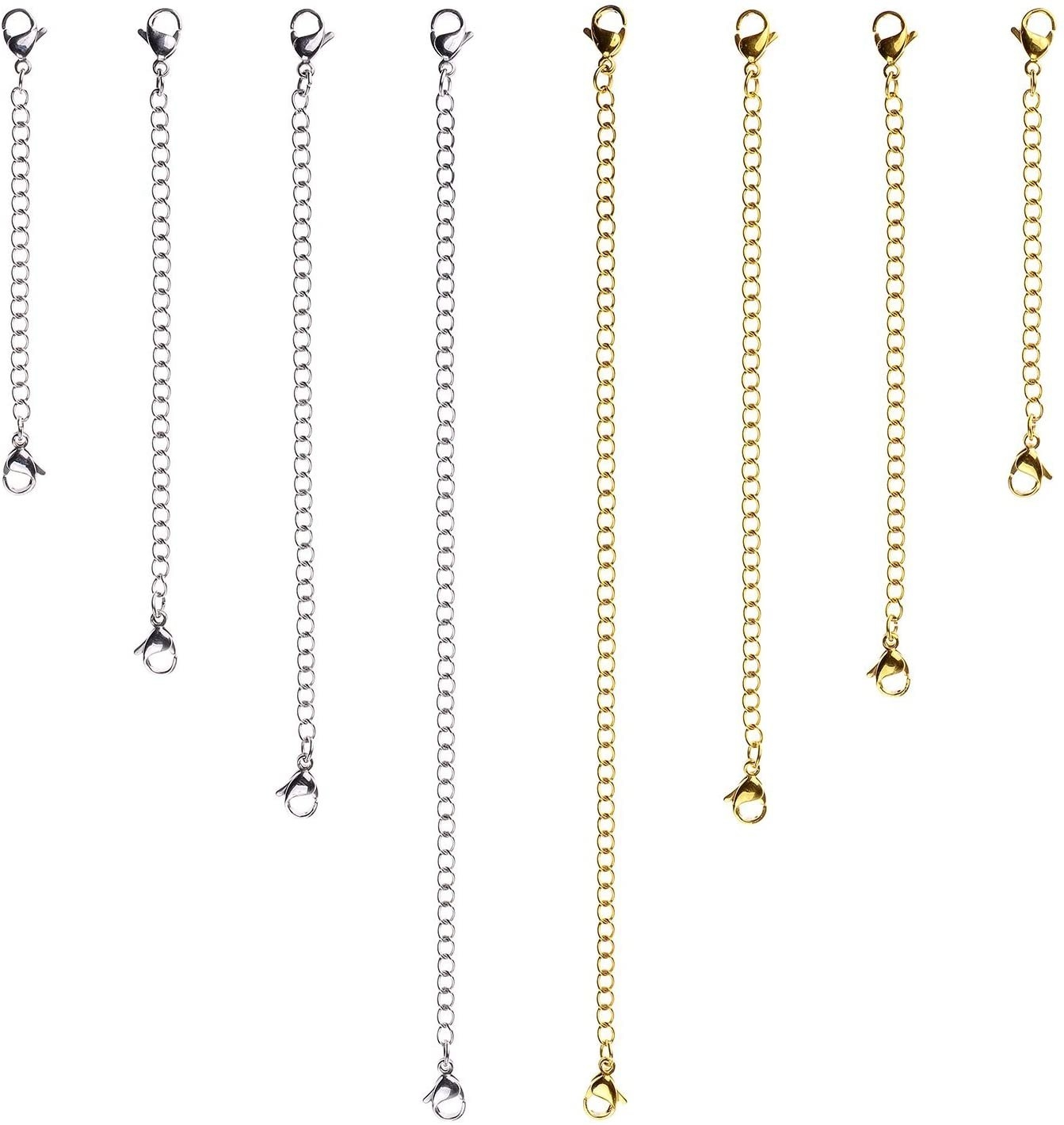 The extender chains in gold and silver with two lobster clasps on each end. They vary in size