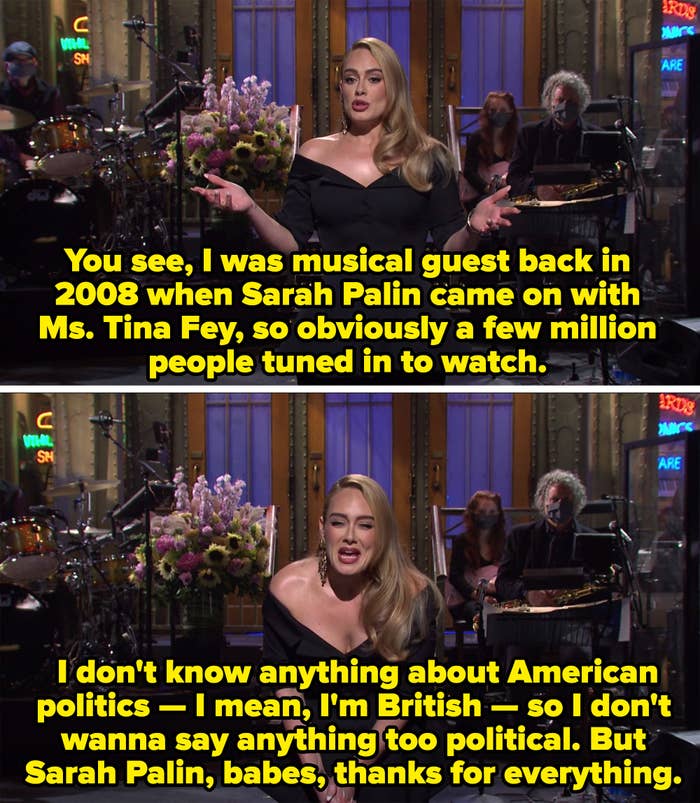 Adele thanking Sarah Palin for appearing on her first episode as musical guest