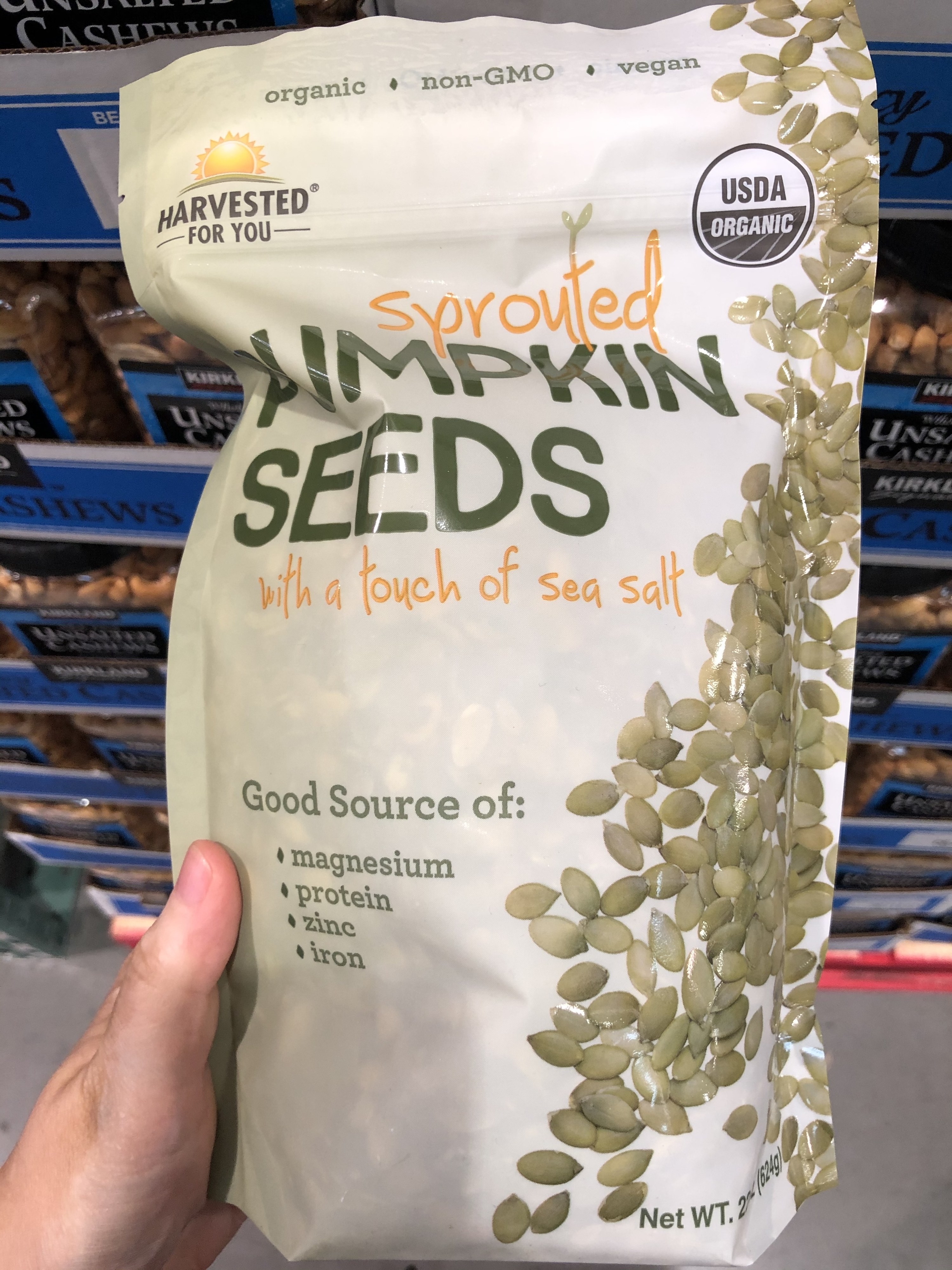 A bag of sprouted pumpkin seeds