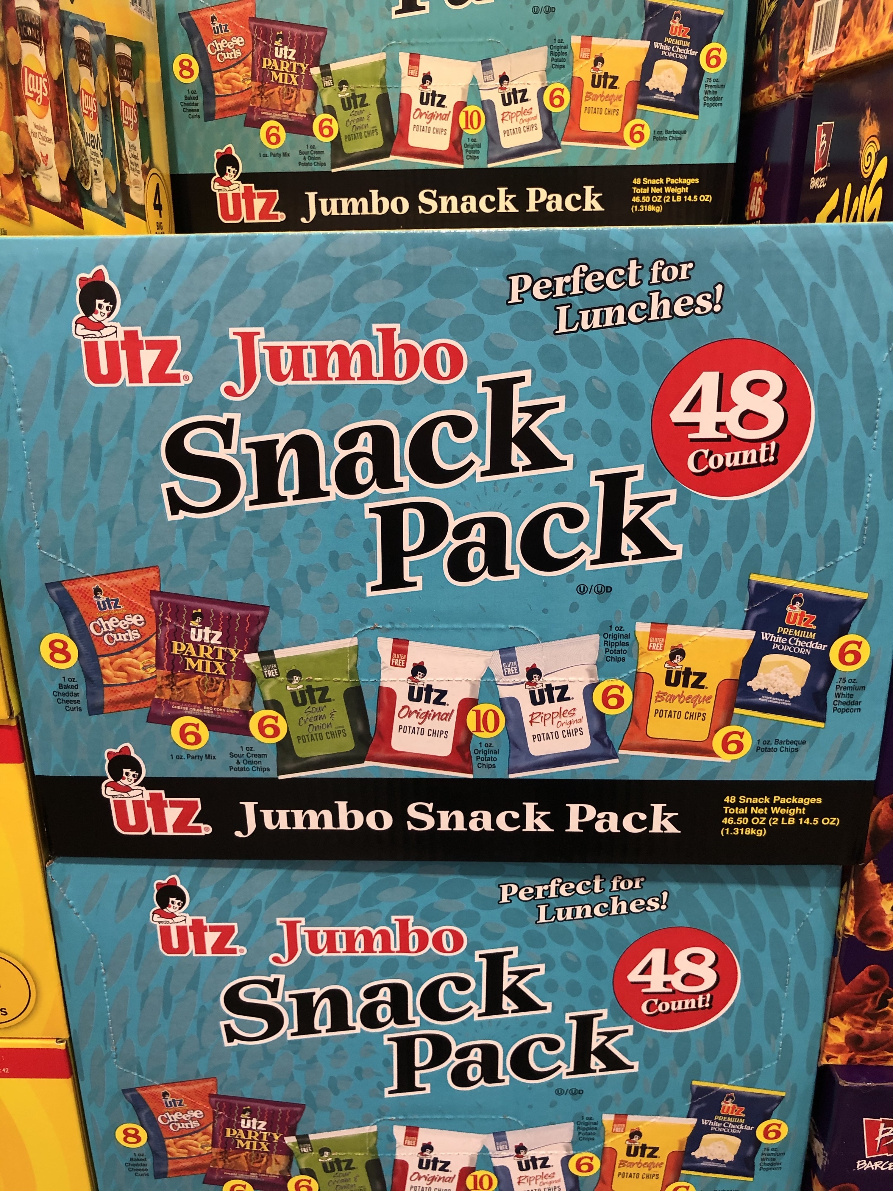 A jumbo snack pack box of Utz chips