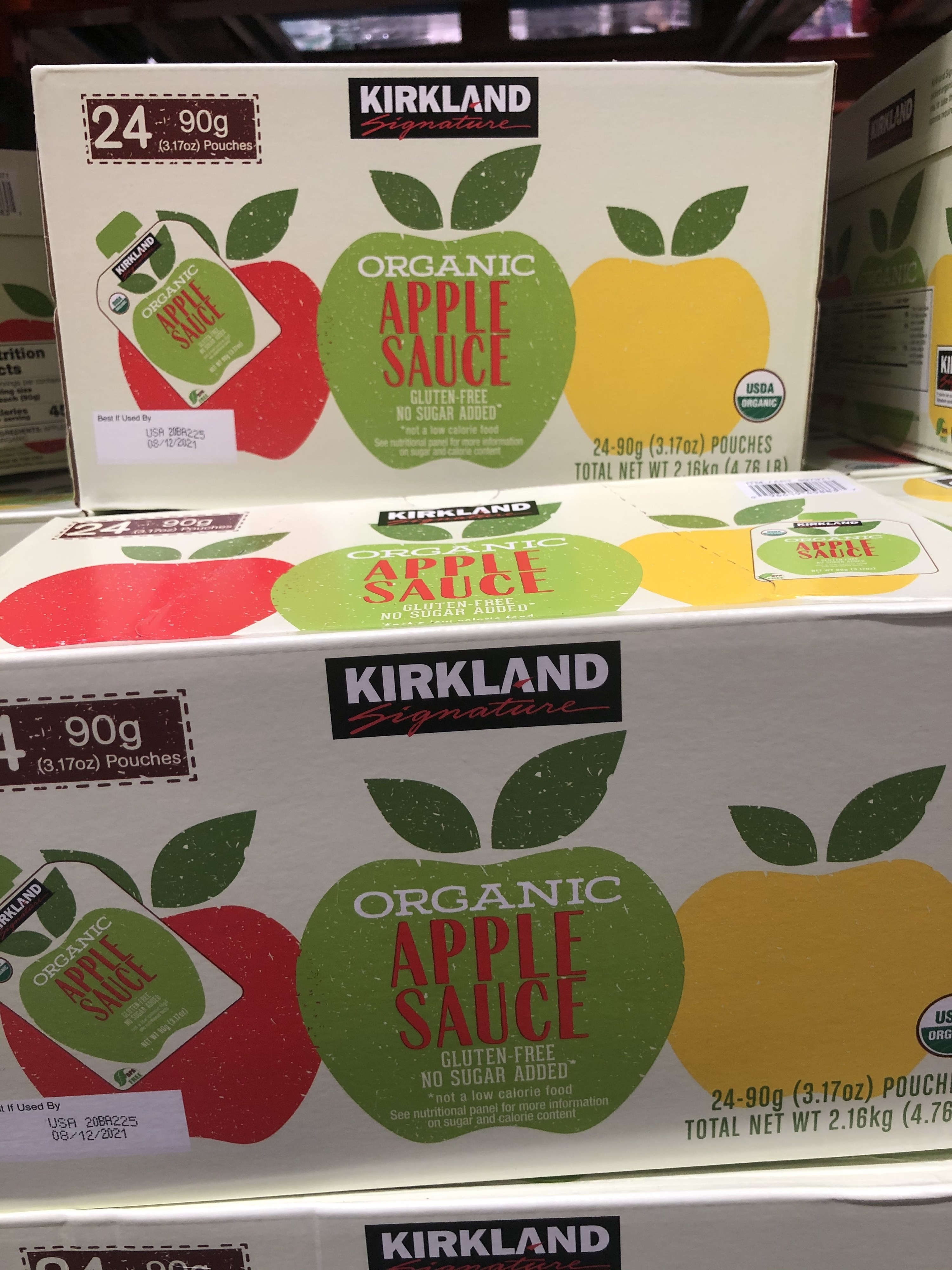 A box of Kirkland organic applesauce packs