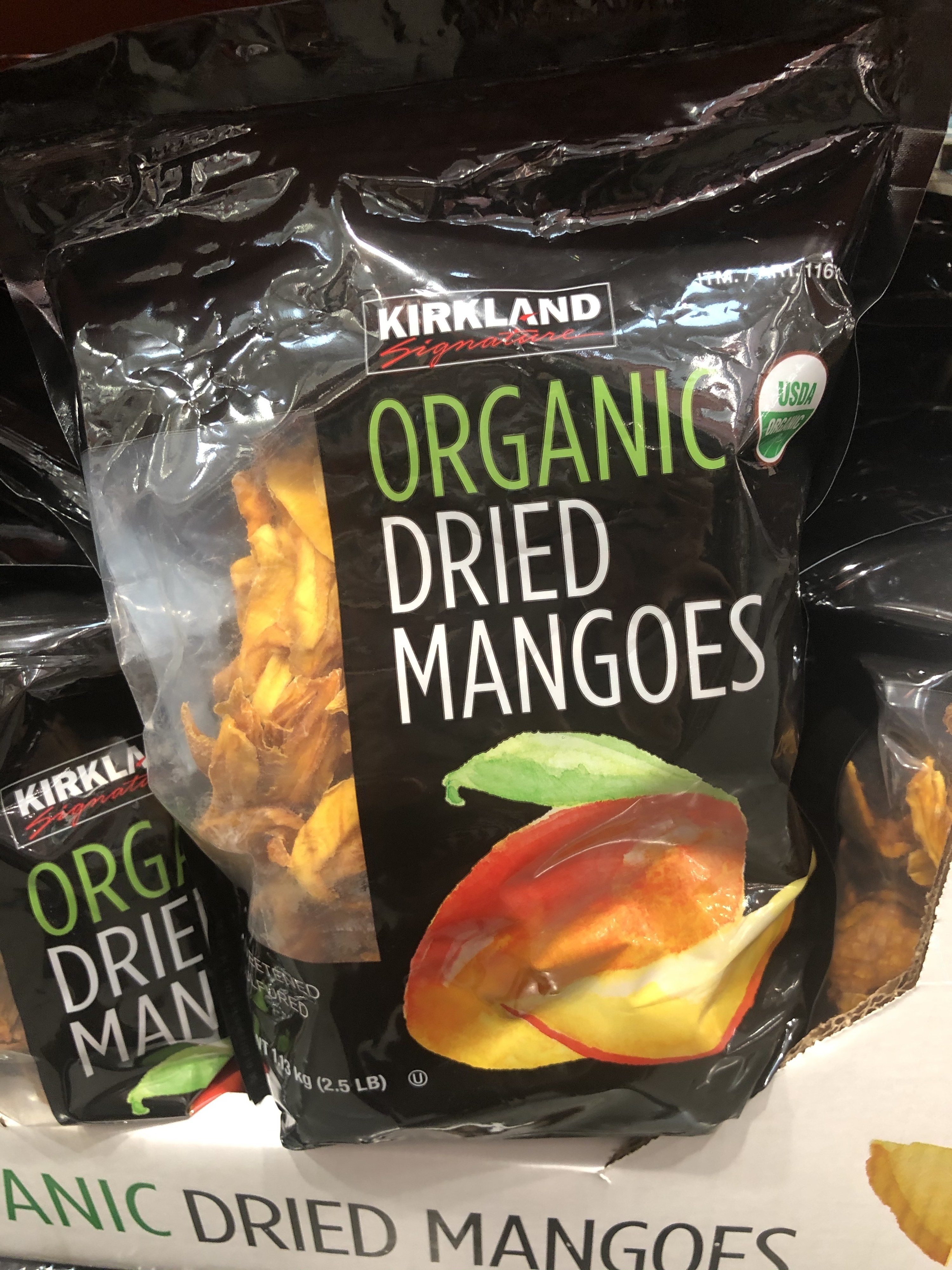 A bag of Kirkland organic dried mangoes