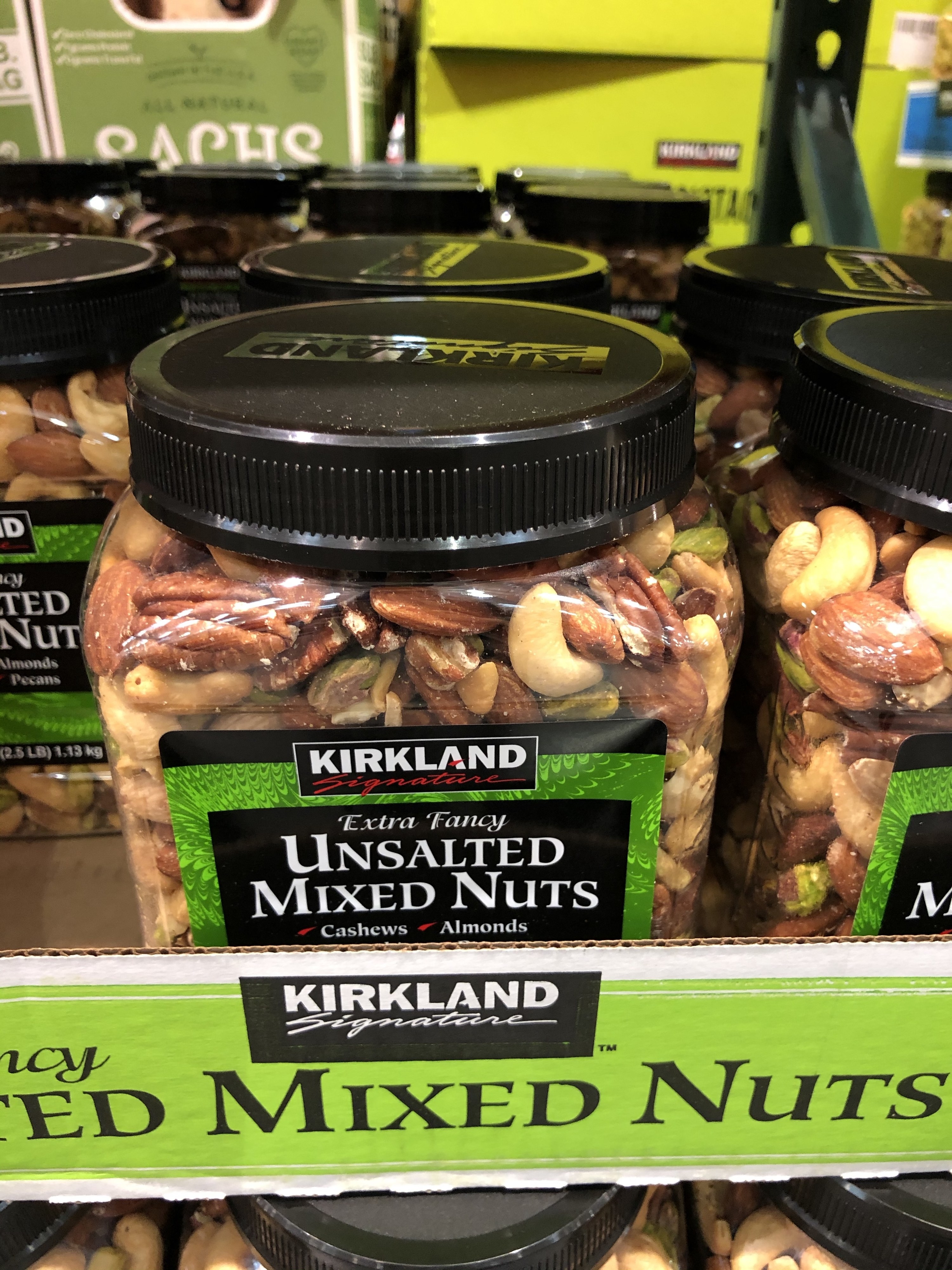 A tub of Kirkland mixed nuts