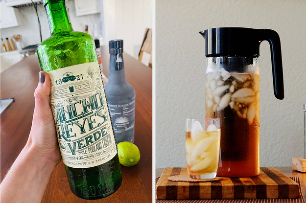 Side by side of Ancho Reyes Verde Liqueur and cold brew maker