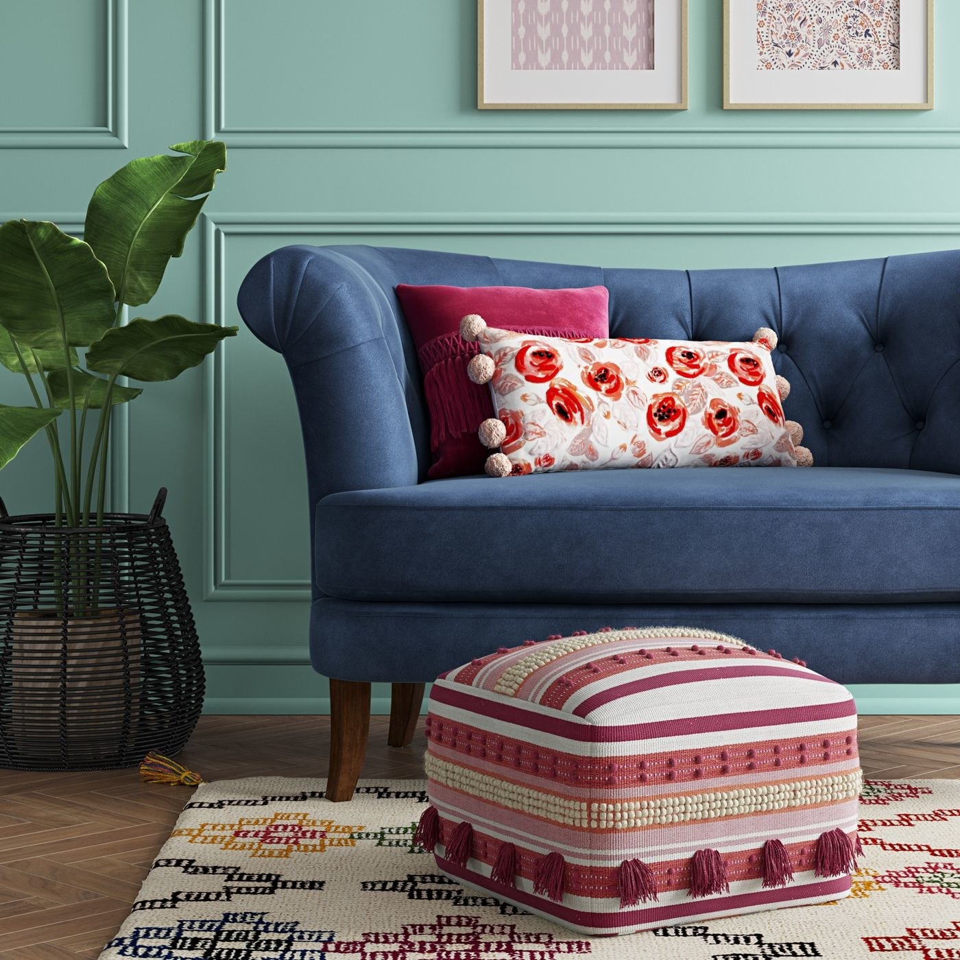 The pink and white pouf in a living room