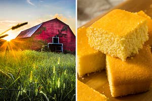 A barn is shining in the sun on the left with a plate of cornbread on the right