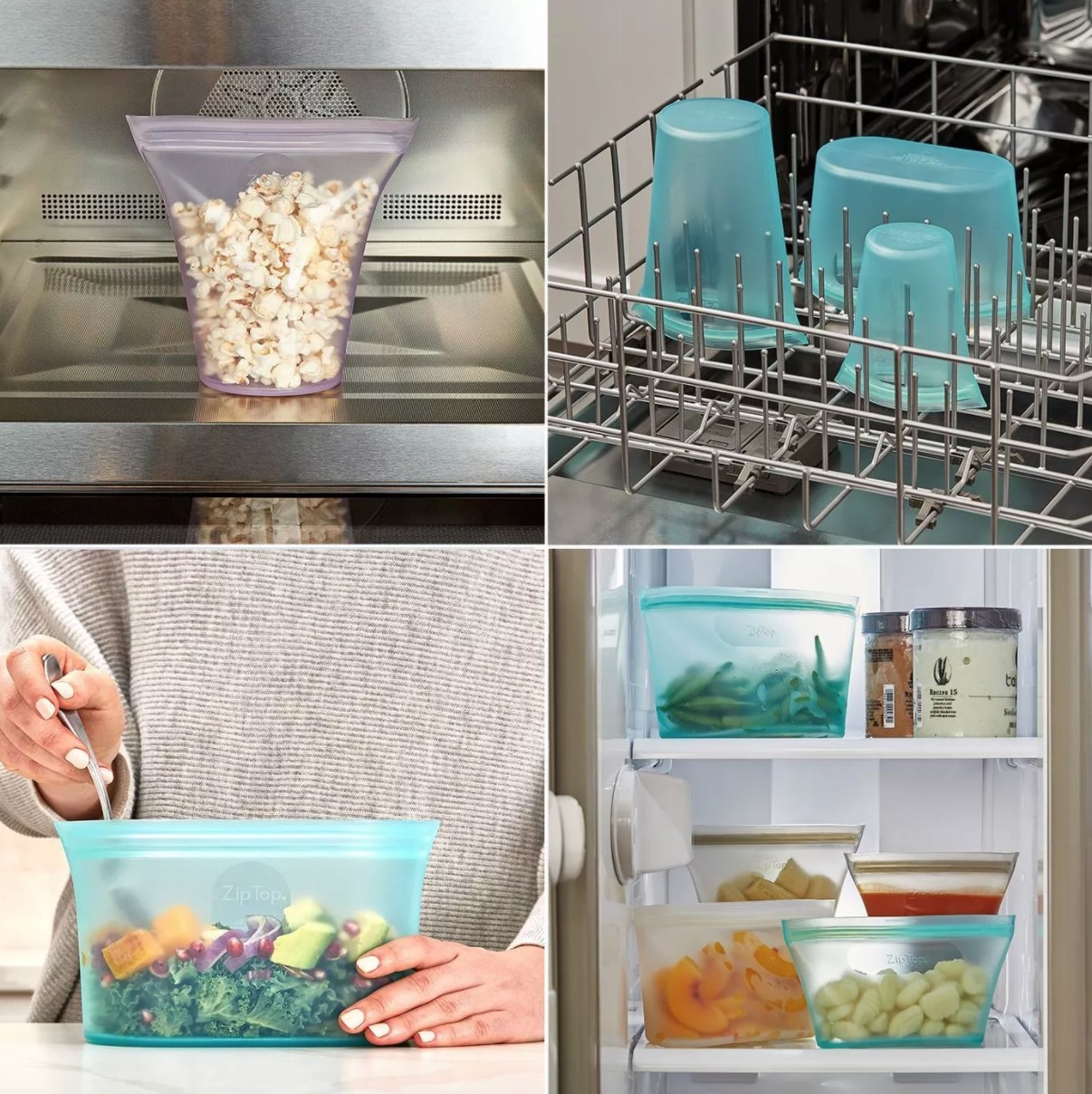 Four-photo set showing plastic reusable ziptop food container bags