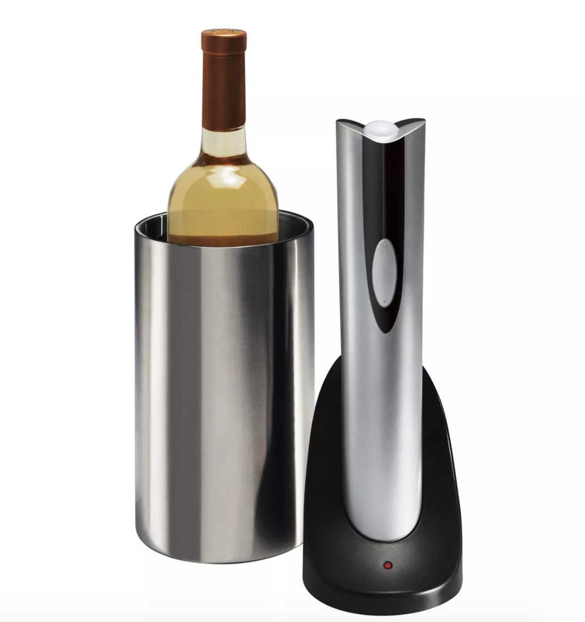 A gray electric wine opener on the charger stand next to a wine bottle in a cooling container