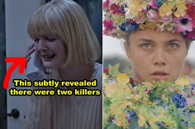 Side-by-side of the opening sequence from "Scream" with Casey on the phone with the killers, and a pic from the ending of "Midsommar" when Dani was wearing her flower outfit