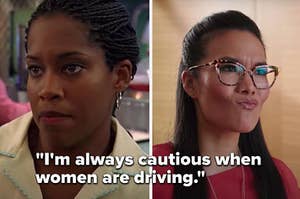 "I'm always cautious when women are driving" written over two annoyed women