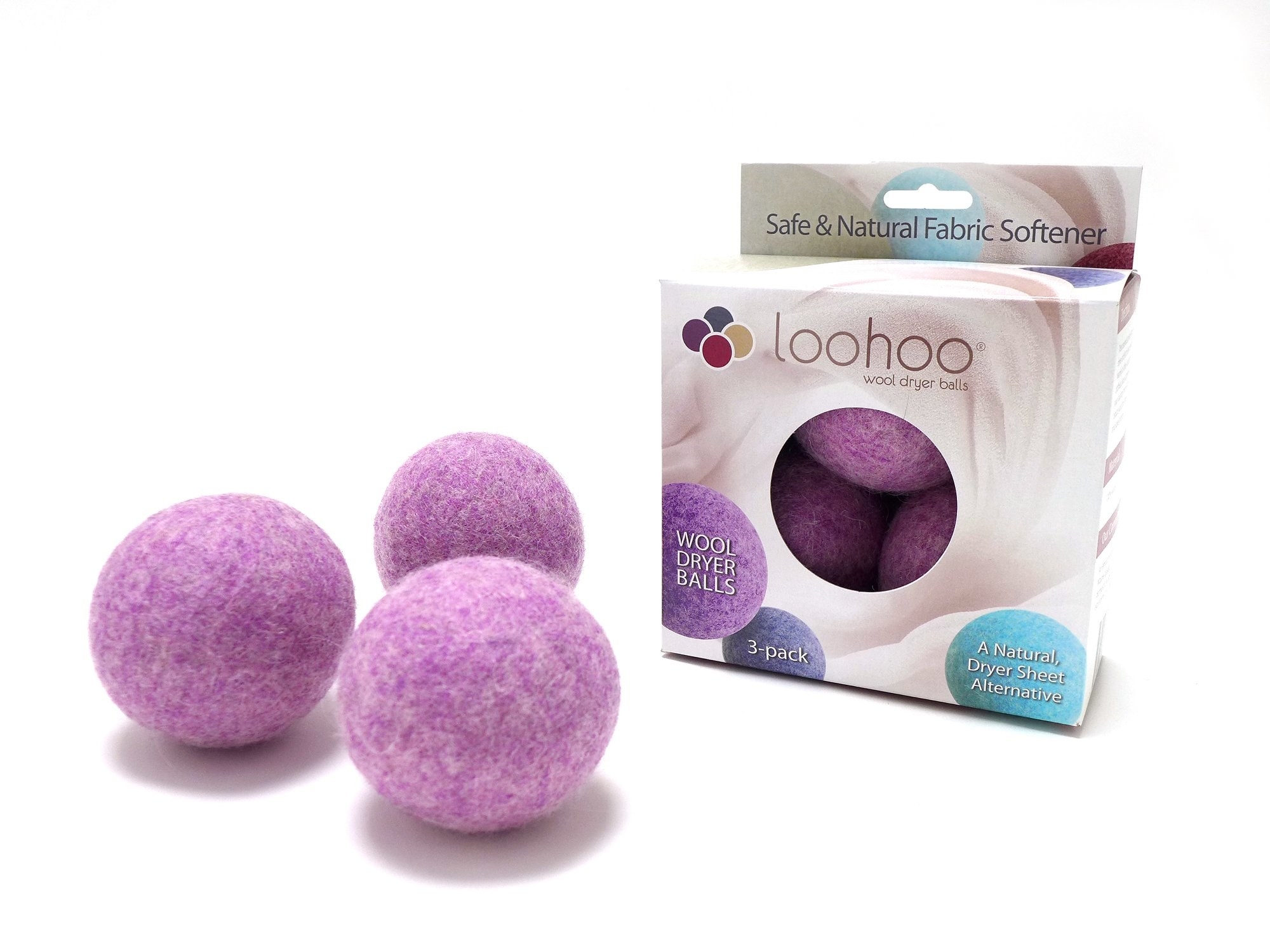 Three purple wool dryer balls