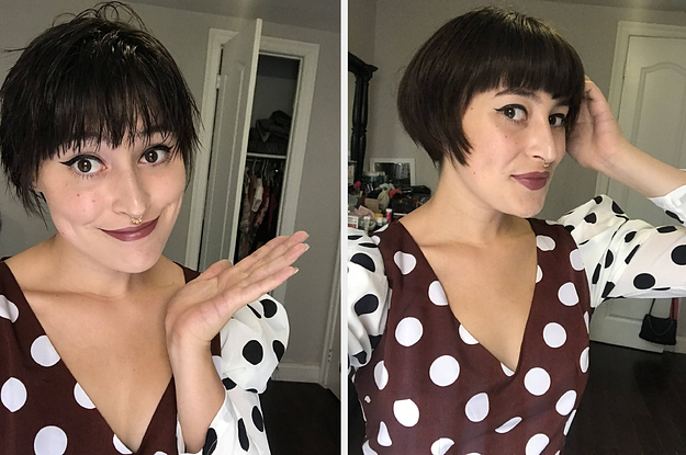 A before-and-after photo of BuzzFeed Editor Rachel Dunkel after using a hot air brush