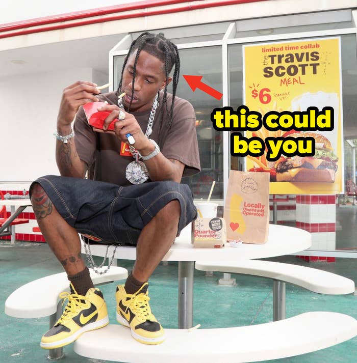 An arrow pointed to Travis Scott and the Travis Scott Meal with the caption &quot;this could be you&quot;