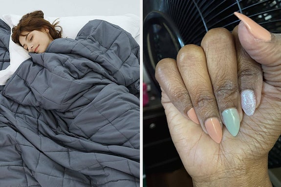 Side by side of model under a weighted blanket and reviewer showing off their multi-colored dip powder manicure